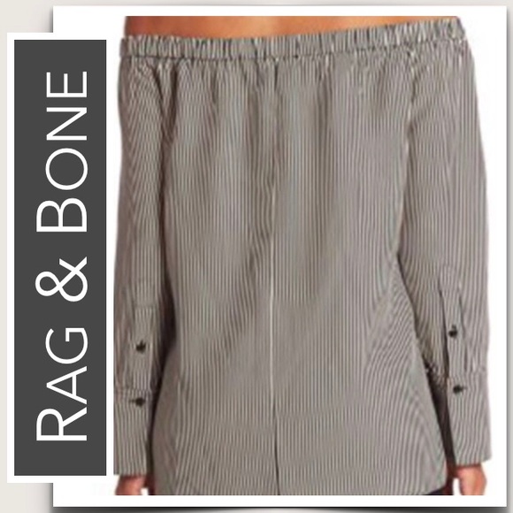 Rag & Bone Silk “Greta” Blouse in Black & White, Thin-Stripes, Off-the-Shoulder - Picture 5 of 10